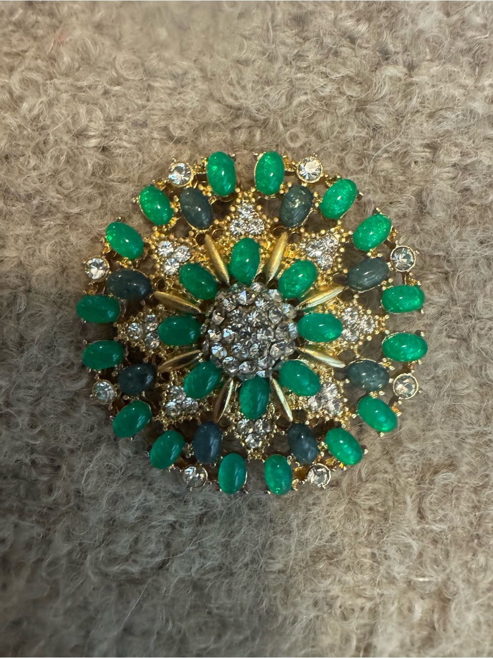 Gold-Tone Green and Clear Crystal Floral Brooch
